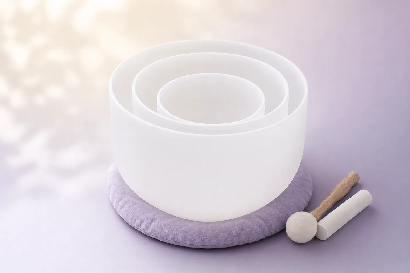 A graduated 3-bowl crystal singing bowl set in small, medium, and large sizes, nested on a cushion