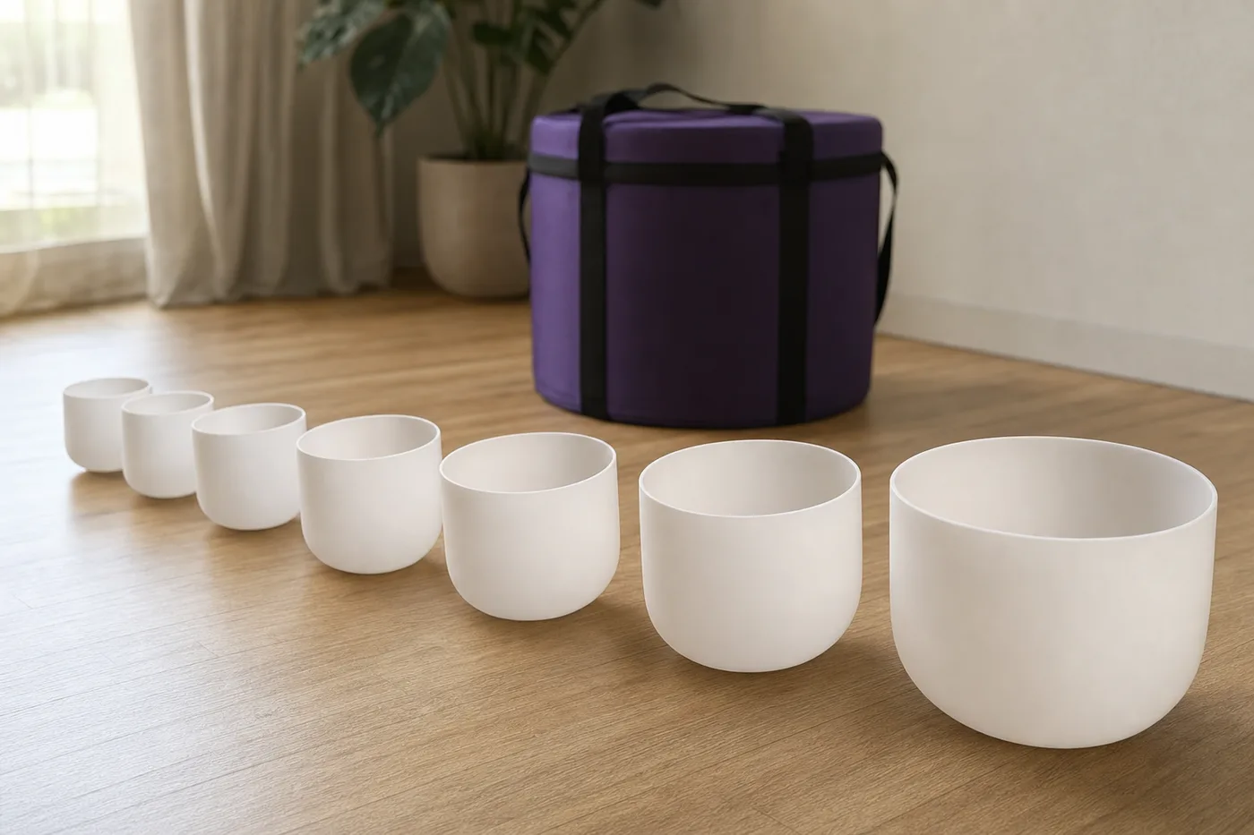 Seven graduated crystal singing bowls lined up with a carrying case in the background