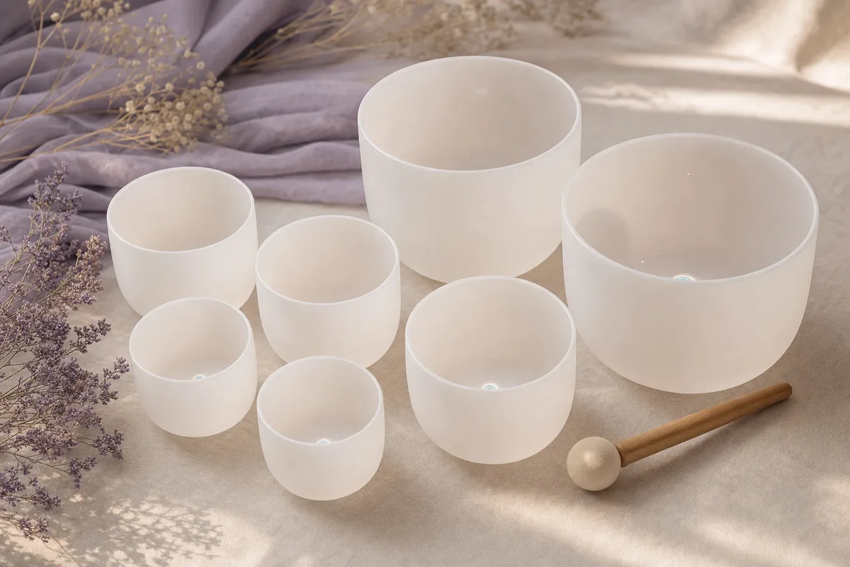 A stacked, graduated set of frosted quartz singing bowls with a mallet resting beside them