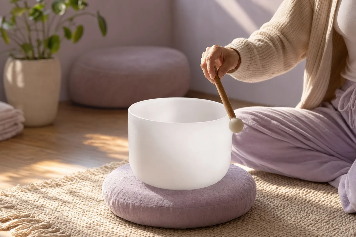 A hand guiding a mallet around the rim of a frosted quartz singing bowl during a meditation session